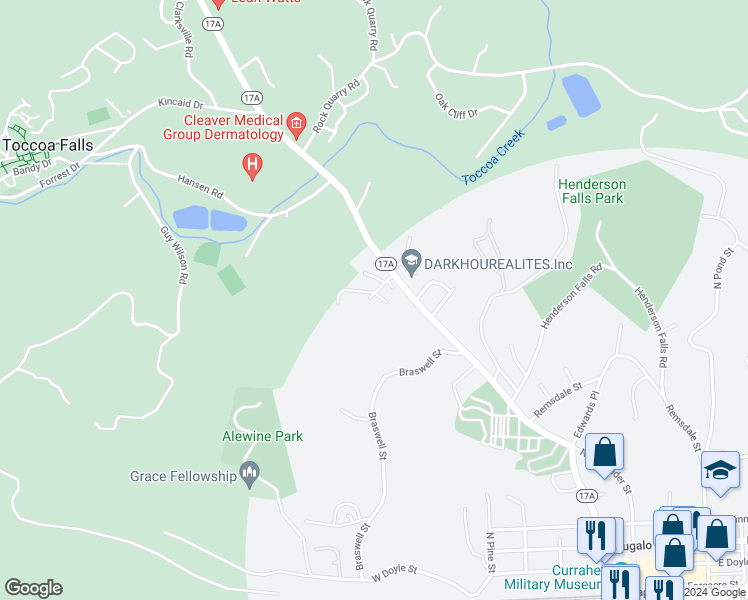 map of restaurants, bars, coffee shops, grocery stores, and more near 1 Pressley Lane in Toccoa
