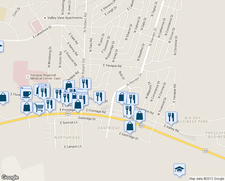 map of restaurants, bars, coffee shops, grocery stores, and more near 3148 North Navajo Drive in Prescott Valley