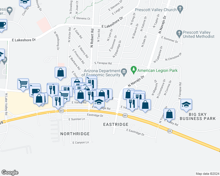 map of restaurants, bars, coffee shops, grocery stores, and more near 3181 North Greg Drive in Prescott Valley