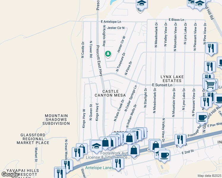 map of restaurants, bars, coffee shops, grocery stores, and more near 3120 East Princess Lane in Prescott Valley