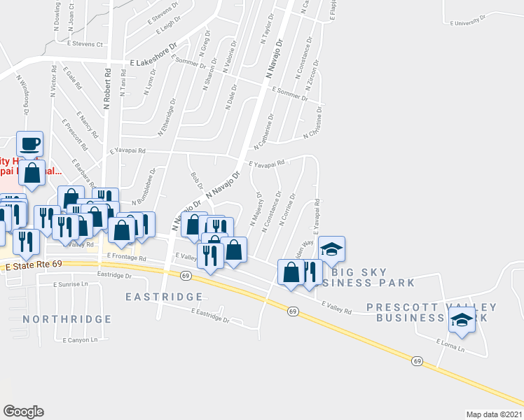 map of restaurants, bars, coffee shops, grocery stores, and more near 3149 North Majesty Drive in Prescott Valley