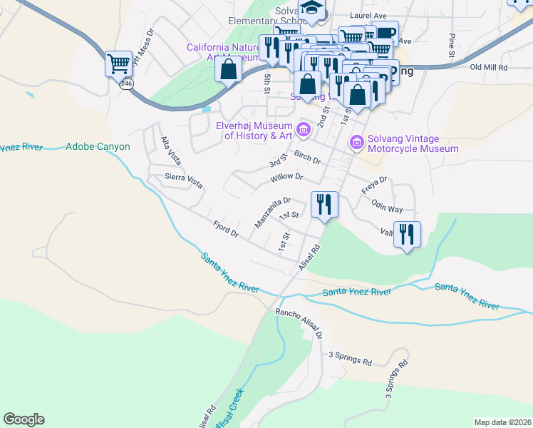map of restaurants, bars, coffee shops, grocery stores, and more near Juniper Avenue & Manzanita Drive in Solvang