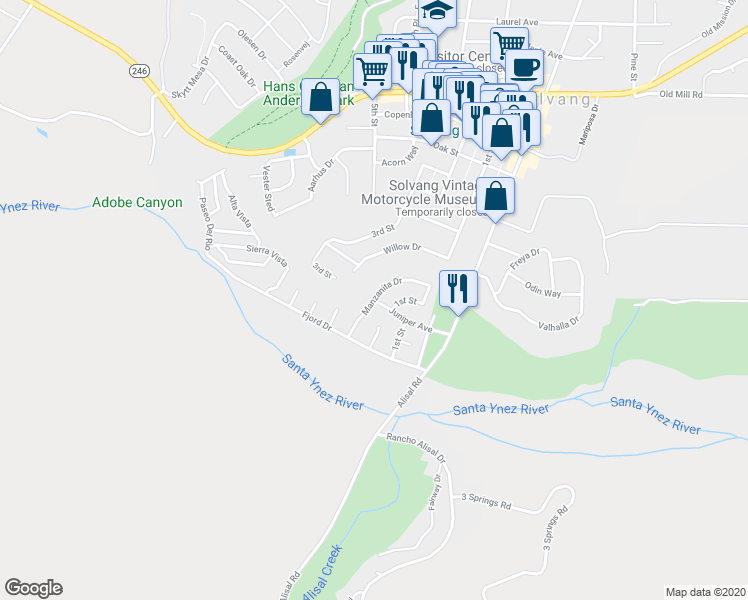 map of restaurants, bars, coffee shops, grocery stores, and more near 100 Manzanita Drive in Solvang
