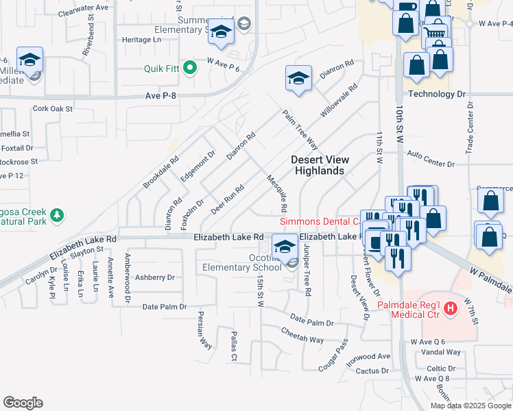 map of restaurants, bars, coffee shops, grocery stores, and more near 38858 Ocotillo Drive in Palmdale
