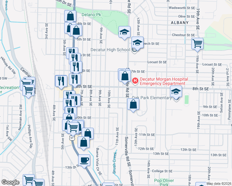 map of restaurants, bars, coffee shops, grocery stores, and more near 1213 11th Avenue Southeast in Decatur