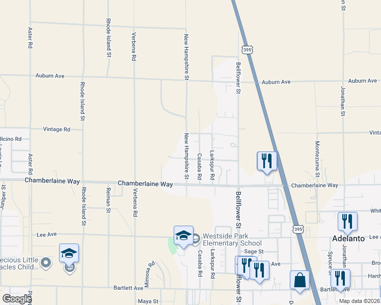 map of restaurants, bars, coffee shops, grocery stores, and more near 18605 New Hampshire Street in Adelanto