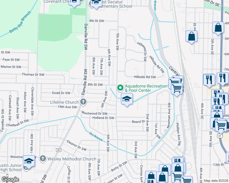 map of restaurants, bars, coffee shops, grocery stores, and more near 1203 5th Avenue Southwest in Decatur