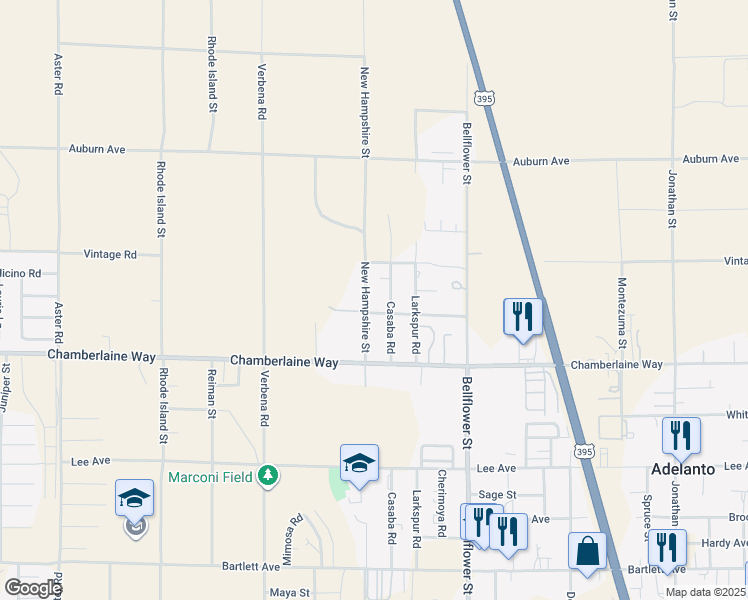 map of restaurants, bars, coffee shops, grocery stores, and more near 18616 New Hampshire Street in Adelanto