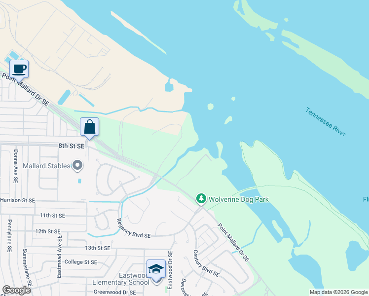 map of restaurants, bars, coffee shops, grocery stores, and more near 1201 Regency Boulevard Southeast in Decatur