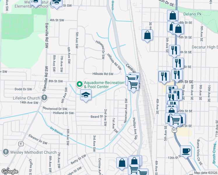 map of restaurants, bars, coffee shops, grocery stores, and more near 116 Blueberry Lane Southwest in Decatur