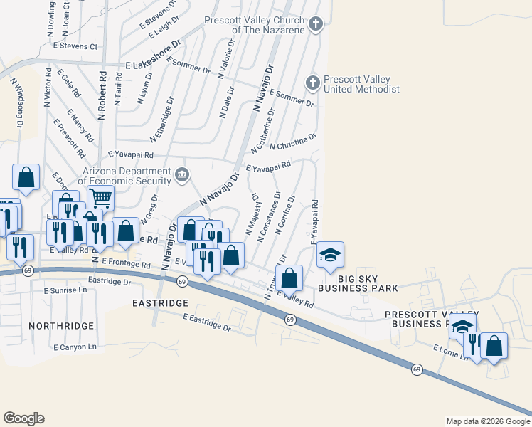 map of restaurants, bars, coffee shops, grocery stores, and more near 3148 North Corrine Drive in Prescott Valley