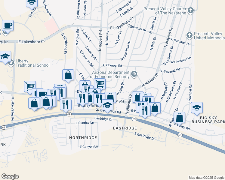 map of restaurants, bars, coffee shops, grocery stores, and more near 3140 North Greg Drive in Prescott Valley