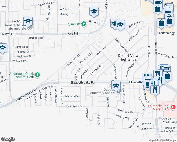 map of restaurants, bars, coffee shops, grocery stores, and more near 38876 Foxholm Drive in Palmdale