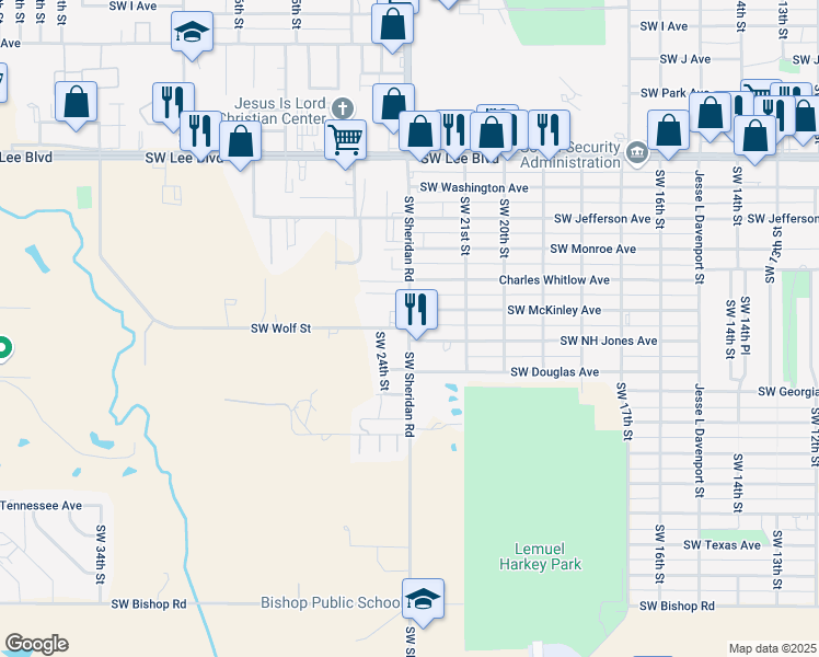 map of restaurants, bars, coffee shops, grocery stores, and more near 1869 Southwest Sheridan Road in Lawton