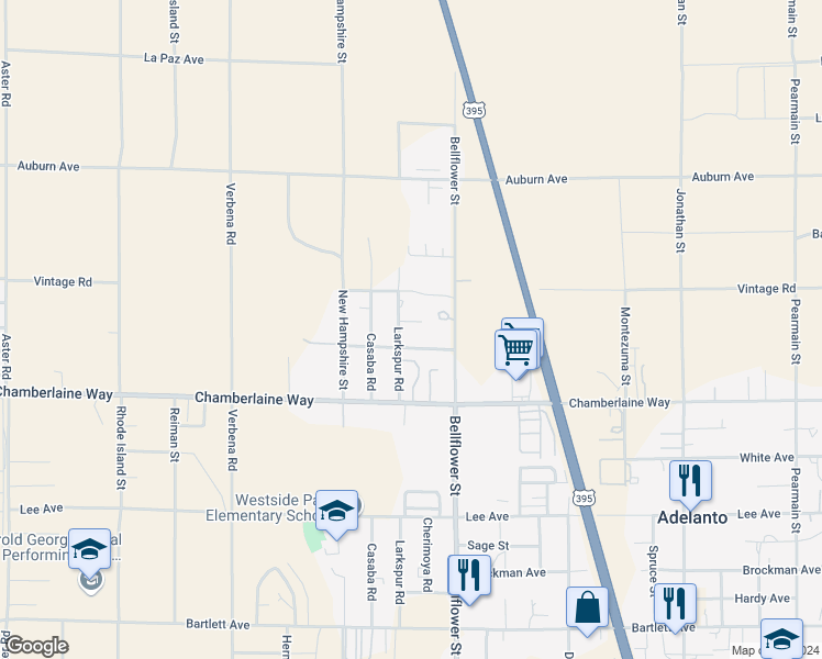 map of restaurants, bars, coffee shops, grocery stores, and more near 18635 Larkspur Road in Adelanto