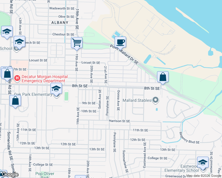 map of restaurants, bars, coffee shops, grocery stores, and more near 2101 8th Street Southeast in Decatur
