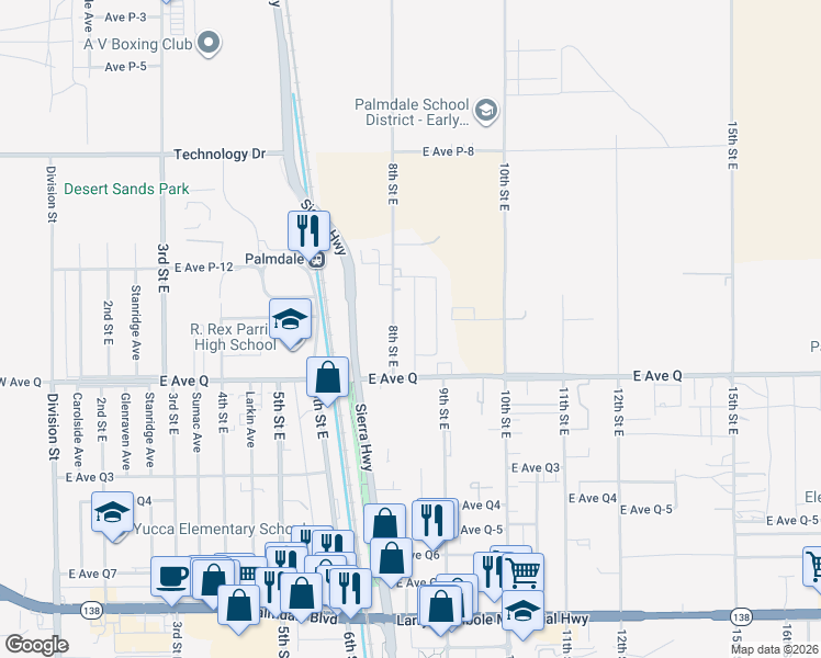 map of restaurants, bars, coffee shops, grocery stores, and more near 38855 Rambler Avenue in Palmdale