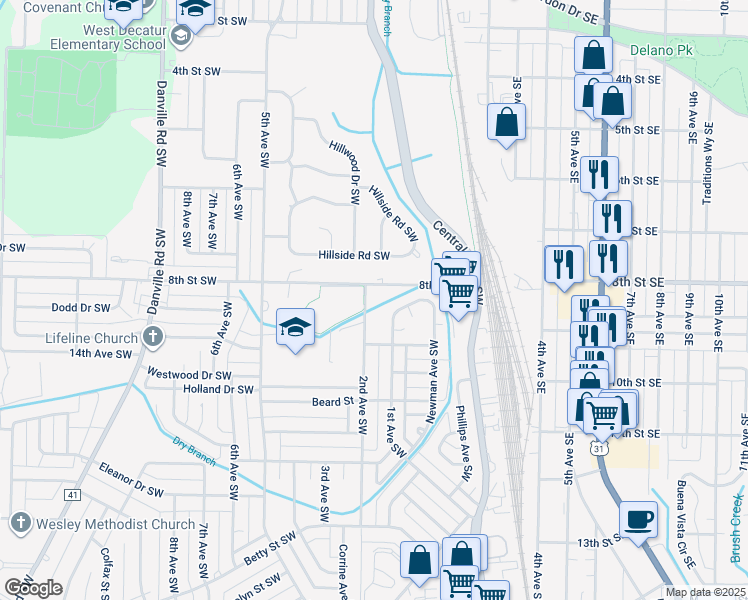 map of restaurants, bars, coffee shops, grocery stores, and more near 1208 2nd Avenue Southwest in Decatur