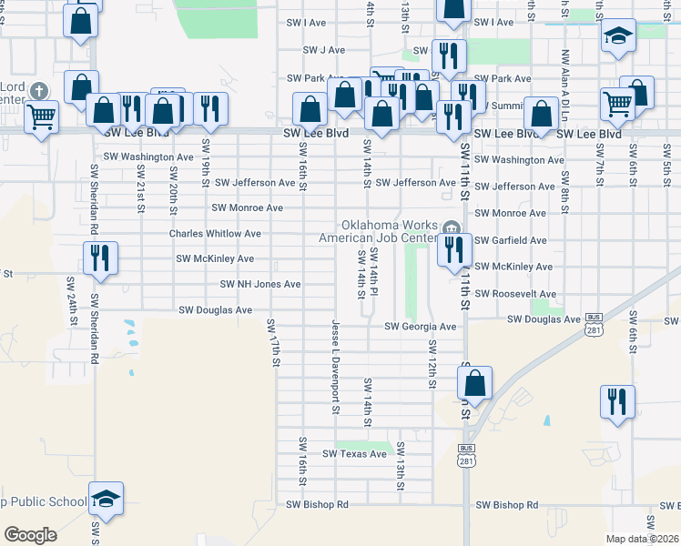 map of restaurants, bars, coffee shops, grocery stores, and more near 1726 Jesse L Davenport Street in Lawton