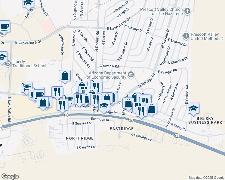 map of restaurants, bars, coffee shops, grocery stores, and more near 3197 North Bumblebee Drive in Prescott Valley