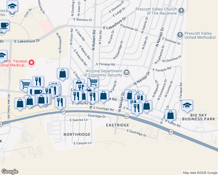 map of restaurants, bars, coffee shops, grocery stores, and more near 3140 North Greg Drive in Prescott Valley