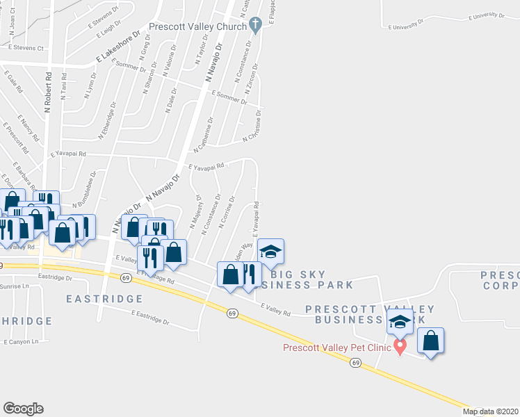 map of restaurants, bars, coffee shops, grocery stores, and more near 3149 North Yavapai Road East in Prescott Valley