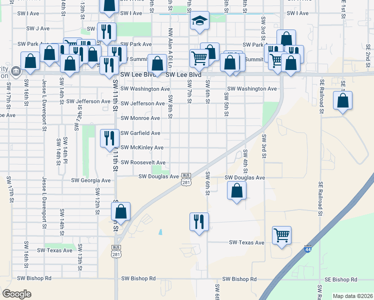map of restaurants, bars, coffee shops, grocery stores, and more near 1705 Southwest 7th Street in Lawton