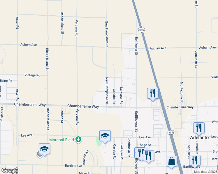 map of restaurants, bars, coffee shops, grocery stores, and more near 18607 New Hampshire Street in Adelanto