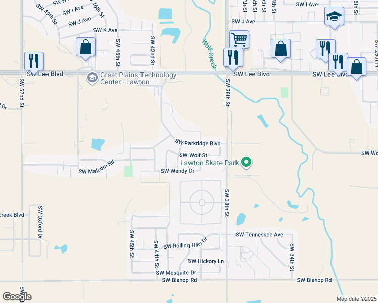 map of restaurants, bars, coffee shops, grocery stores, and more near 3923 Southwest Wolf Street in Lawton
