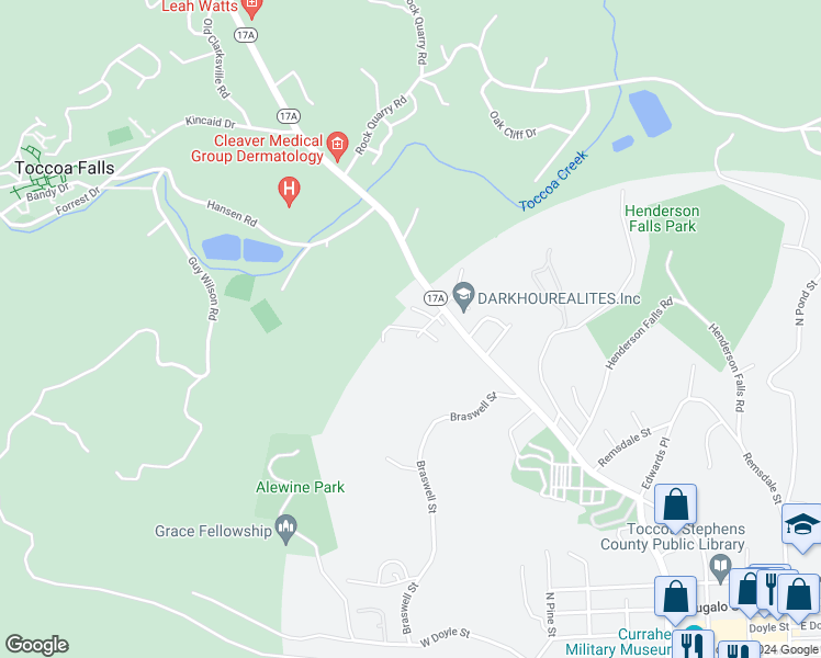map of restaurants, bars, coffee shops, grocery stores, and more near 1 Pressley Lane in Toccoa