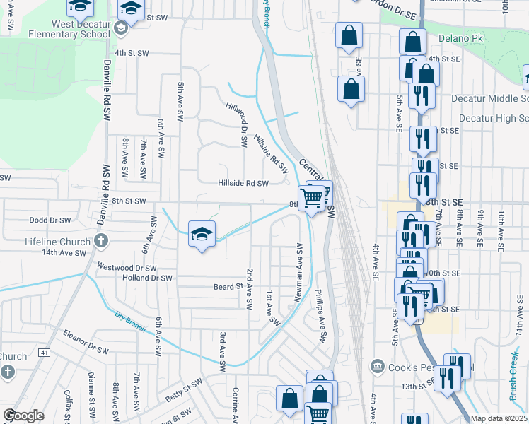 map of restaurants, bars, coffee shops, grocery stores, and more near 116 Blueberry Lane Southwest in Decatur
