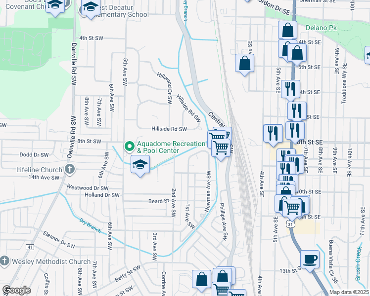 map of restaurants, bars, coffee shops, grocery stores, and more near 223 8th Street Southwest in Decatur
