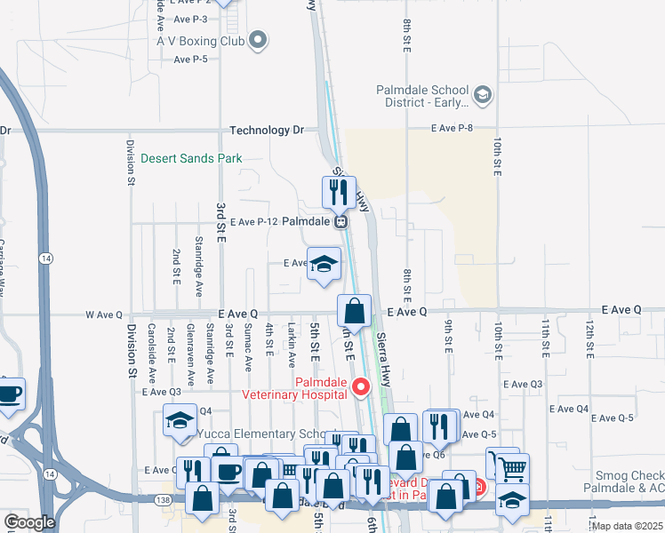 map of restaurants, bars, coffee shops, grocery stores, and more near 540 East Avenue P-14 in Palmdale