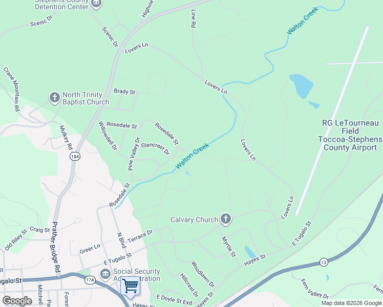 map of restaurants, bars, coffee shops, grocery stores, and more near 419 Hillendale Drive in Toccoa