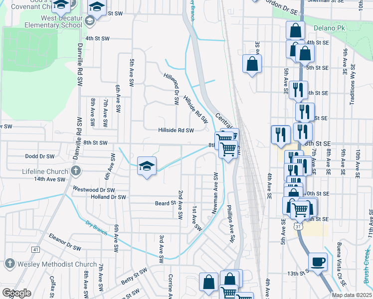 map of restaurants, bars, coffee shops, grocery stores, and more near 116 Blueberry Lane Southwest in Decatur