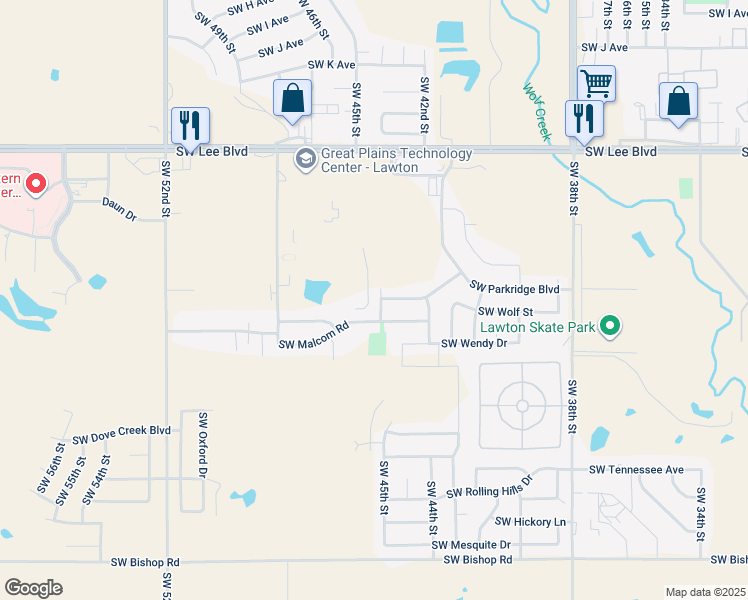 map of restaurants, bars, coffee shops, grocery stores, and more near 1719 Southwest 47th Street in Lawton
