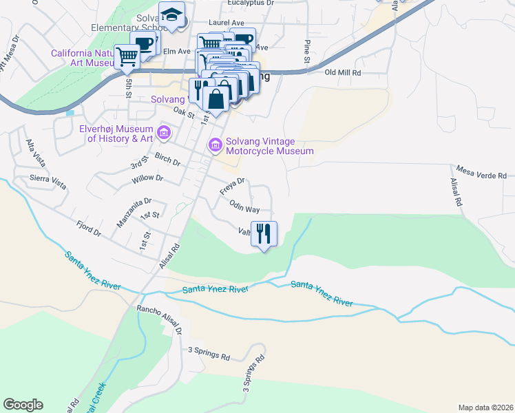 map of restaurants, bars, coffee shops, grocery stores, and more near 1732 Odin Way in Solvang
