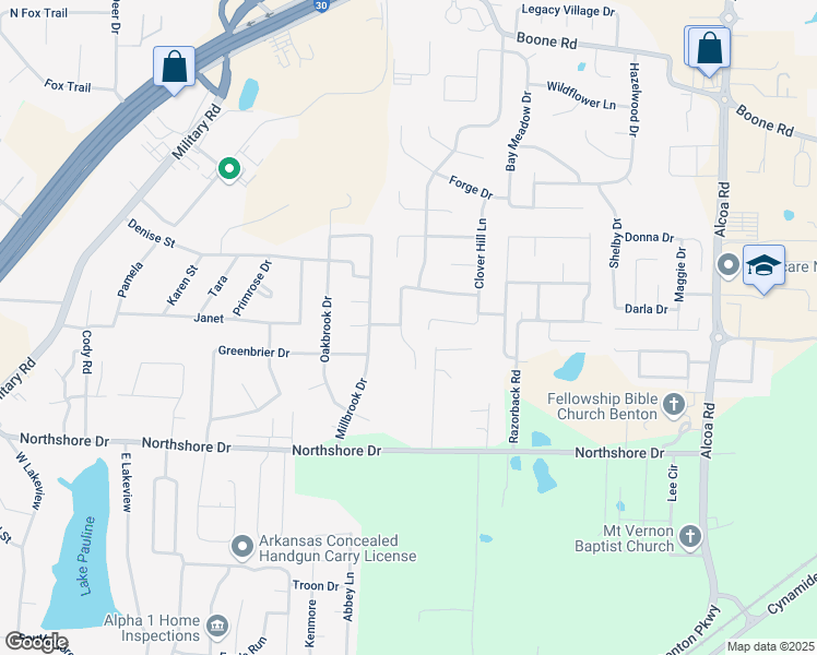 map of restaurants, bars, coffee shops, grocery stores, and more near 3174 Stonewall Drive in Benton
