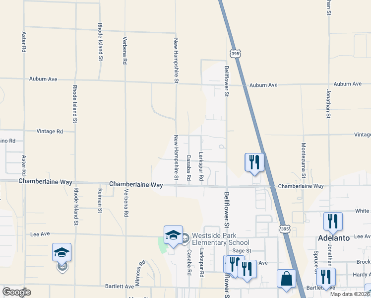 map of restaurants, bars, coffee shops, grocery stores, and more near 18610 Casaba Road in Adelanto