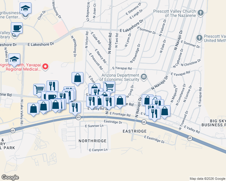 map of restaurants, bars, coffee shops, grocery stores, and more near 3147 North Robert Road in Prescott Valley
