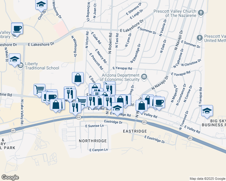 map of restaurants, bars, coffee shops, grocery stores, and more near 3147 North Robert Road in Prescott Valley