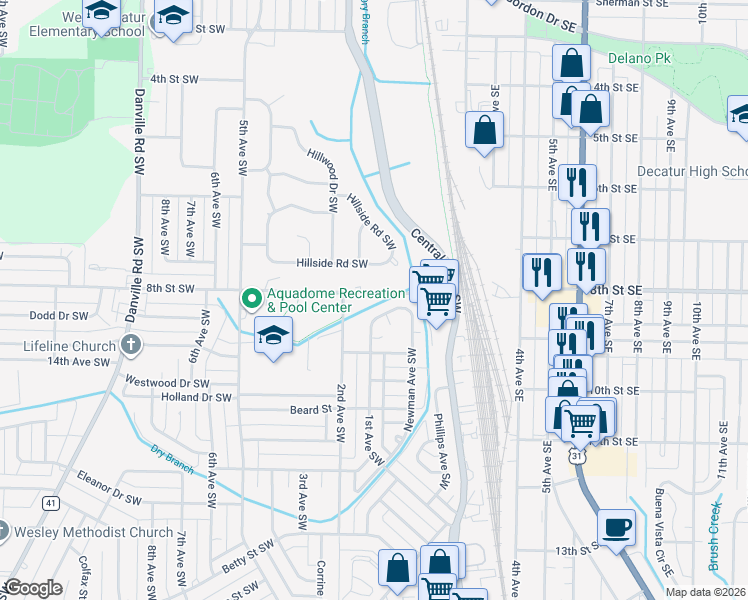 map of restaurants, bars, coffee shops, grocery stores, and more near 116 Blueberry Lane Southwest in Decatur