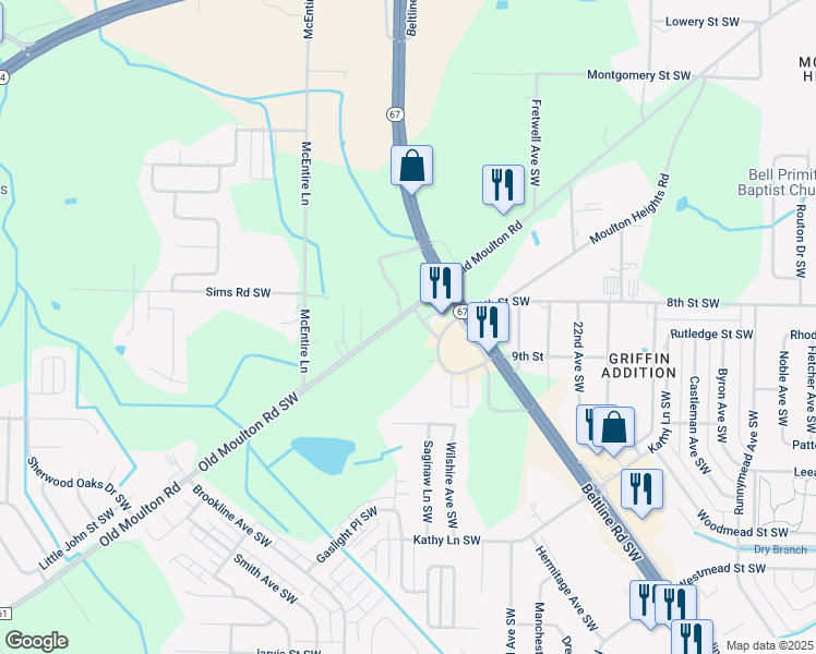 map of restaurants, bars, coffee shops, grocery stores, and more near 2319 Old Moulton Road in Decatur