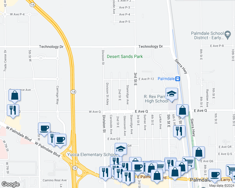 map of restaurants, bars, coffee shops, grocery stores, and more near 38841 2nd Street East in Palmdale