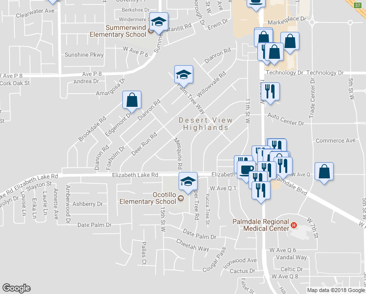 map of restaurants, bars, coffee shops, grocery stores, and more near 38862 Mesquite Road in Palmdale