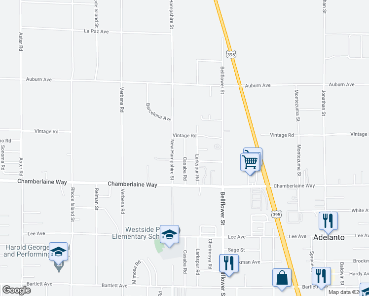 map of restaurants, bars, coffee shops, grocery stores, and more near Casaba Road in Adelanto