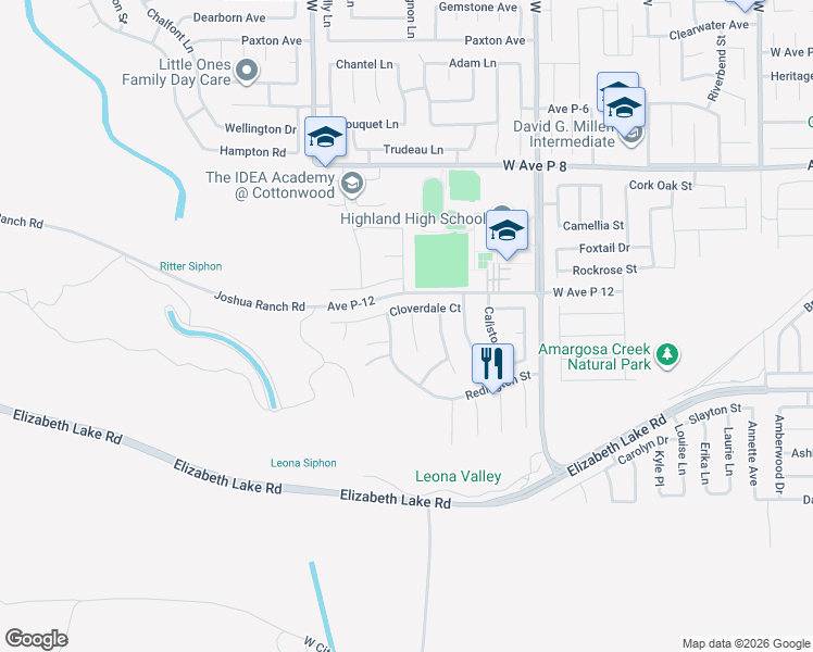 map of restaurants, bars, coffee shops, grocery stores, and more near 38841 Fruitridge Court in Palmdale