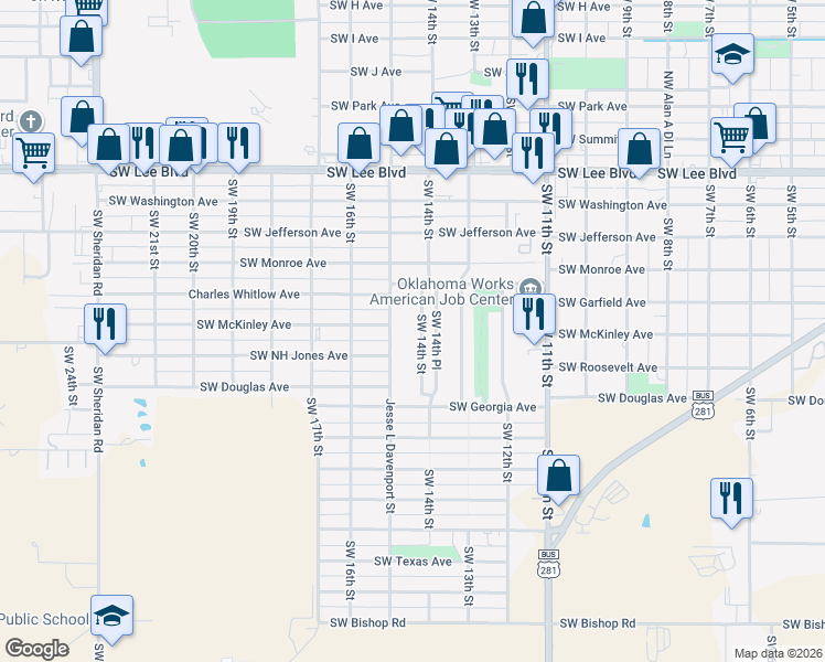 map of restaurants, bars, coffee shops, grocery stores, and more near 1726 Jesse L Davenport Street in Lawton