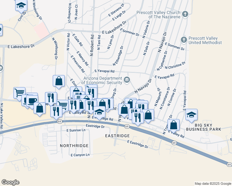 map of restaurants, bars, coffee shops, grocery stores, and more near 3181 North Greg Drive in Prescott Valley