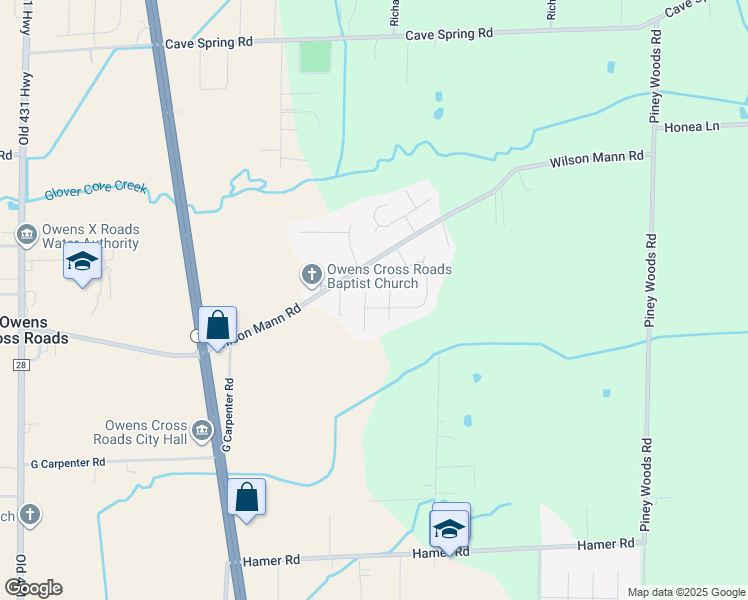 map of restaurants, bars, coffee shops, grocery stores, and more near 105 Jewell Cobb Court in Owens Cross Roads